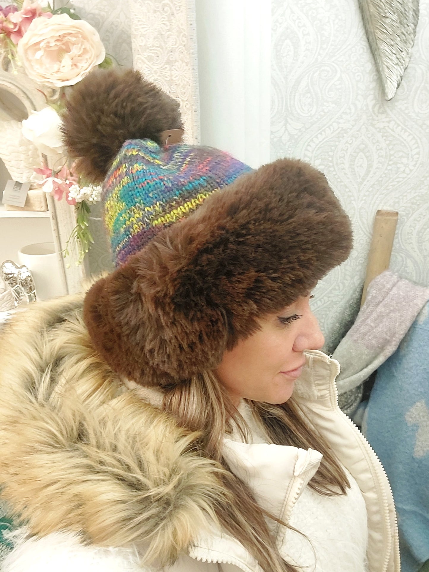 Multi Coloured Daux Fur Pom Knitted Hat