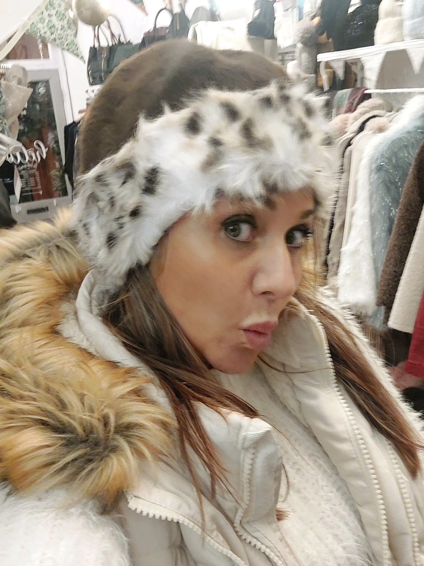 White & Brown Faux Fur Band Hat (No inner Lining)