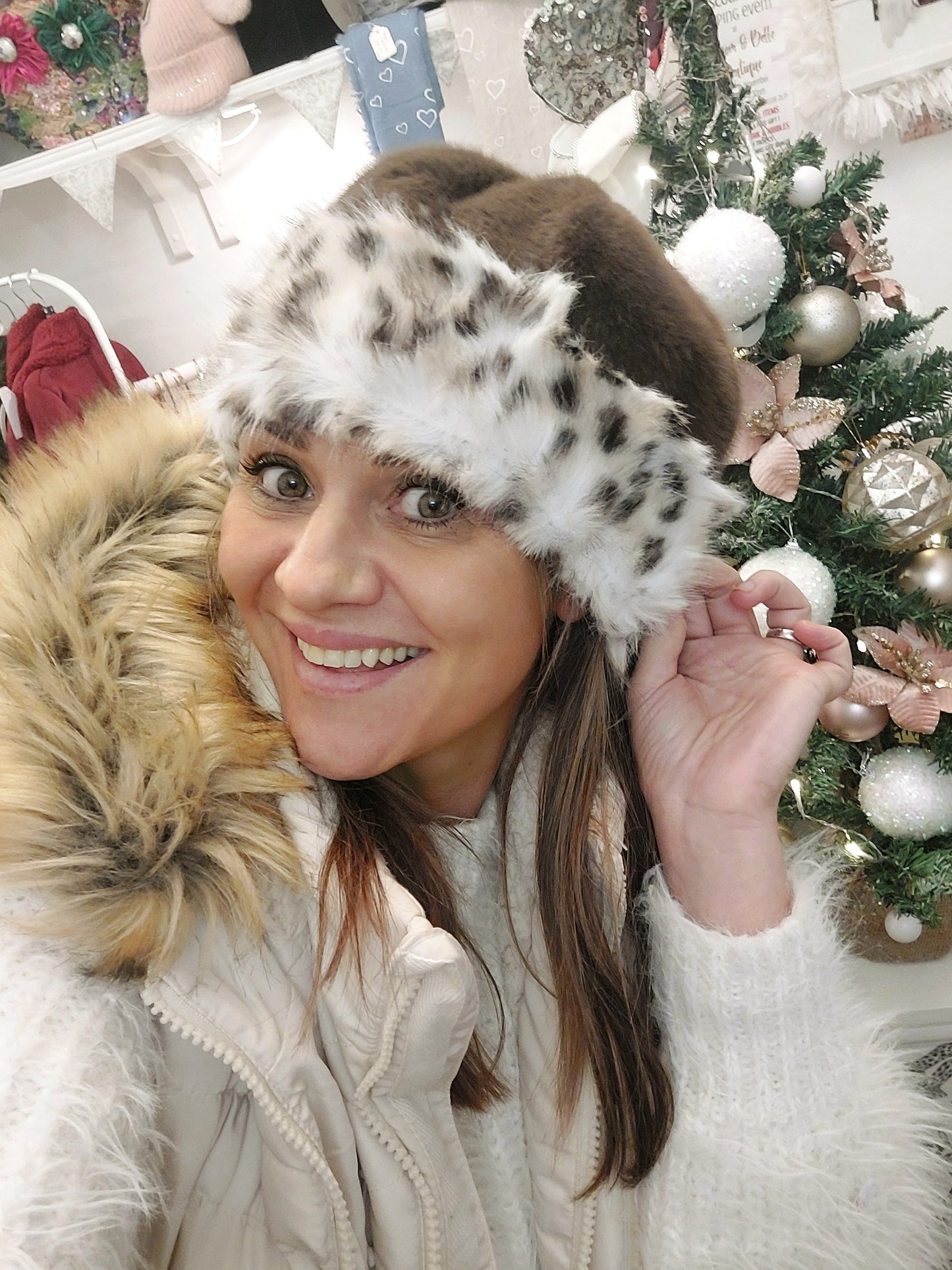 White & Brown Faux Fur Band Hat (No inner Lining)