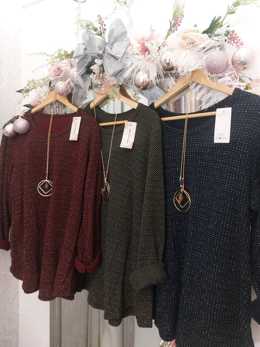 Metallic Thread Speckled Knit with Necklace 8-16