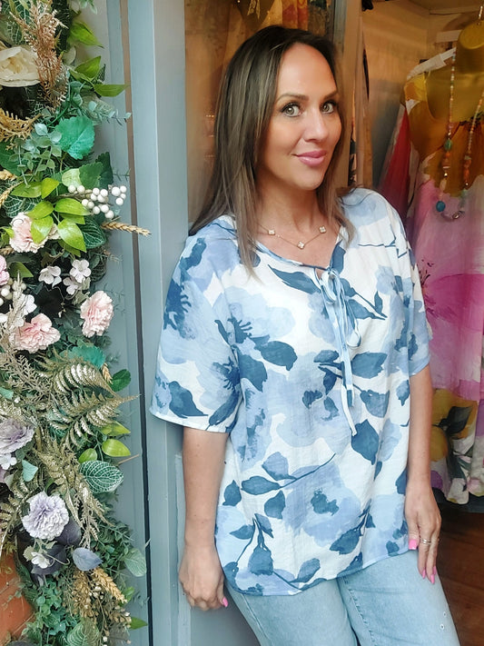 Blue & White Floral Tie Blouse 12-18/20