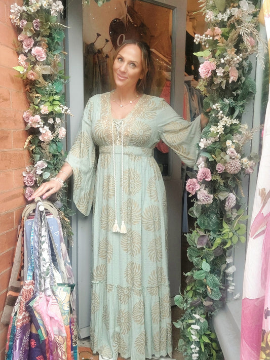 Boho Sage Green Gold Embellished Maxi Dress