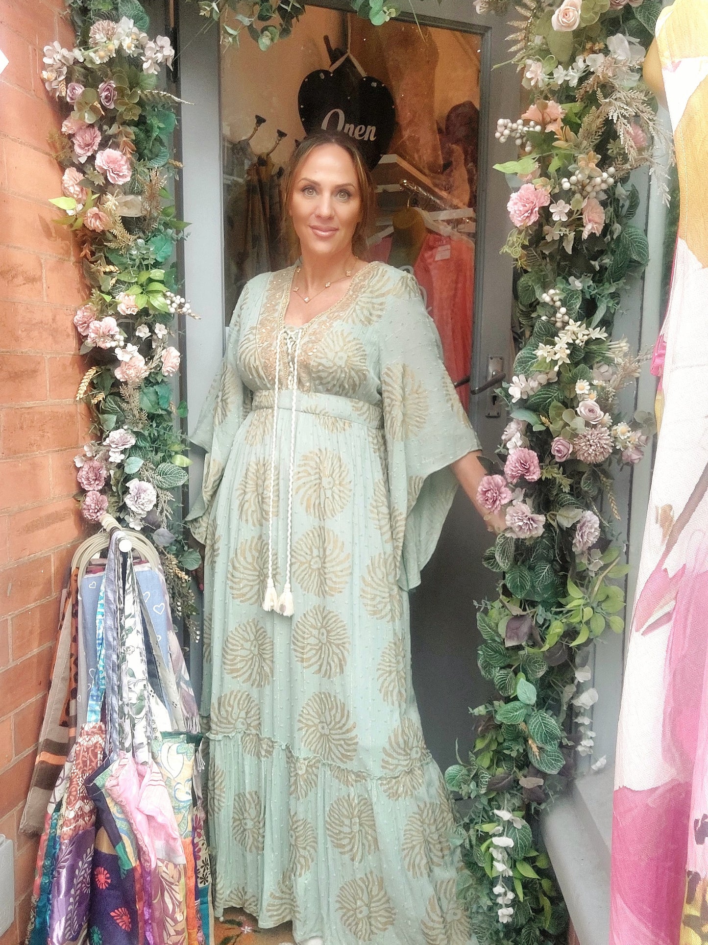 Boho Sage Green Gold Embellished Maxi Dress