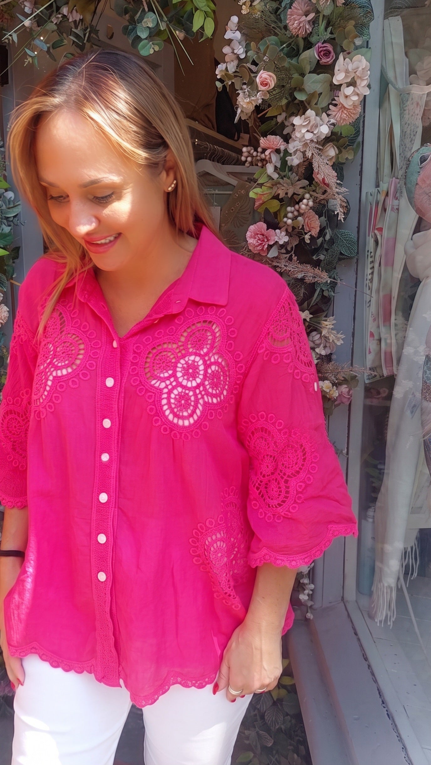 Pink Crochet 3/4 Sleeve Shirt 10-16/18