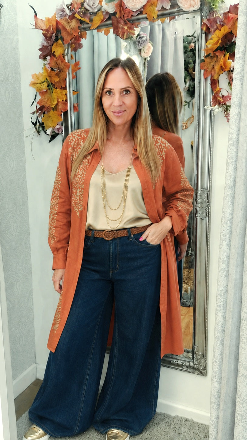 Terracotta Boho Gold Embroidered Longline Shirt M-L / 12-16
