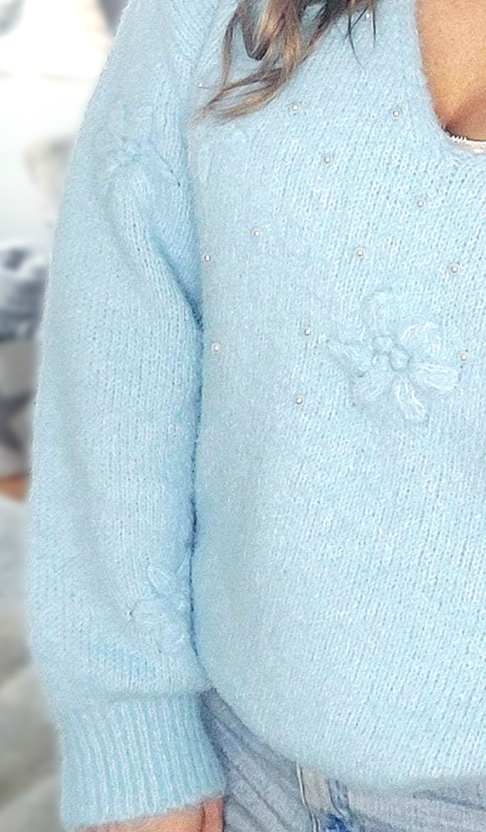 3D Pearl Daisy Fluffy Vneck Jumper-Various Colours 8-16