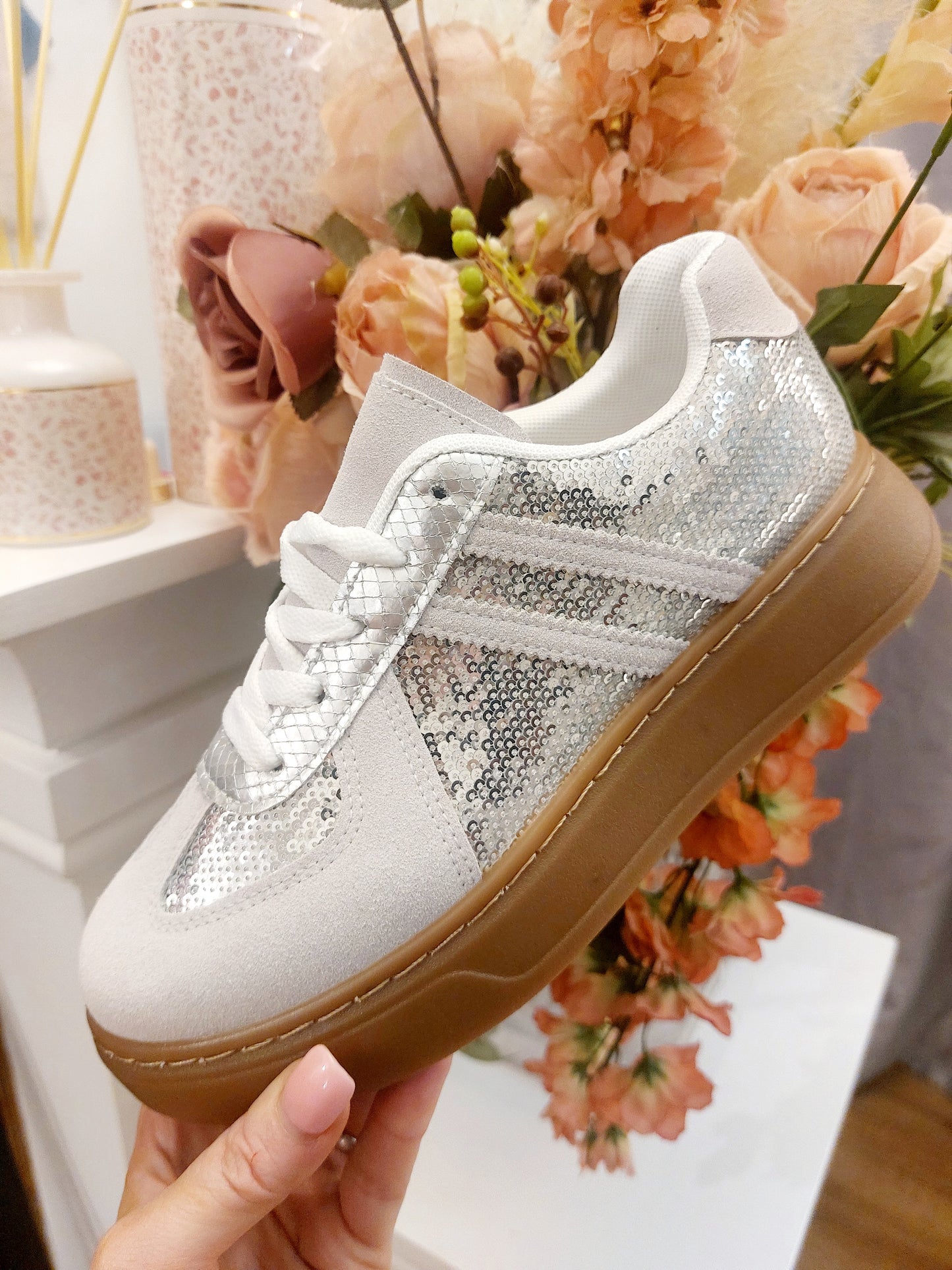 The Shine Sequin Retro Trainer-Silver-Regular Fit