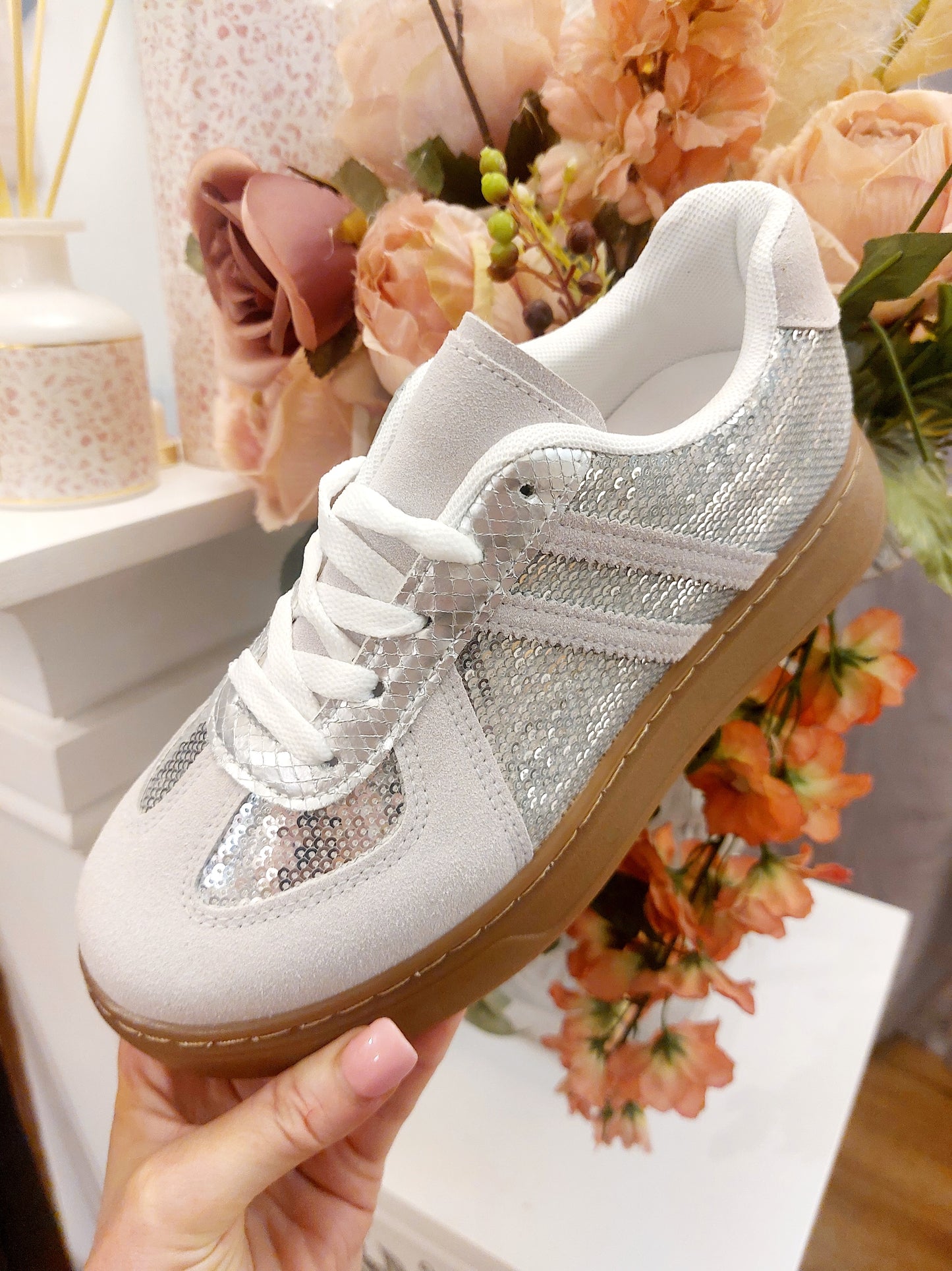 The Shine Sequin Retro Trainer-Silver-Regular Fit