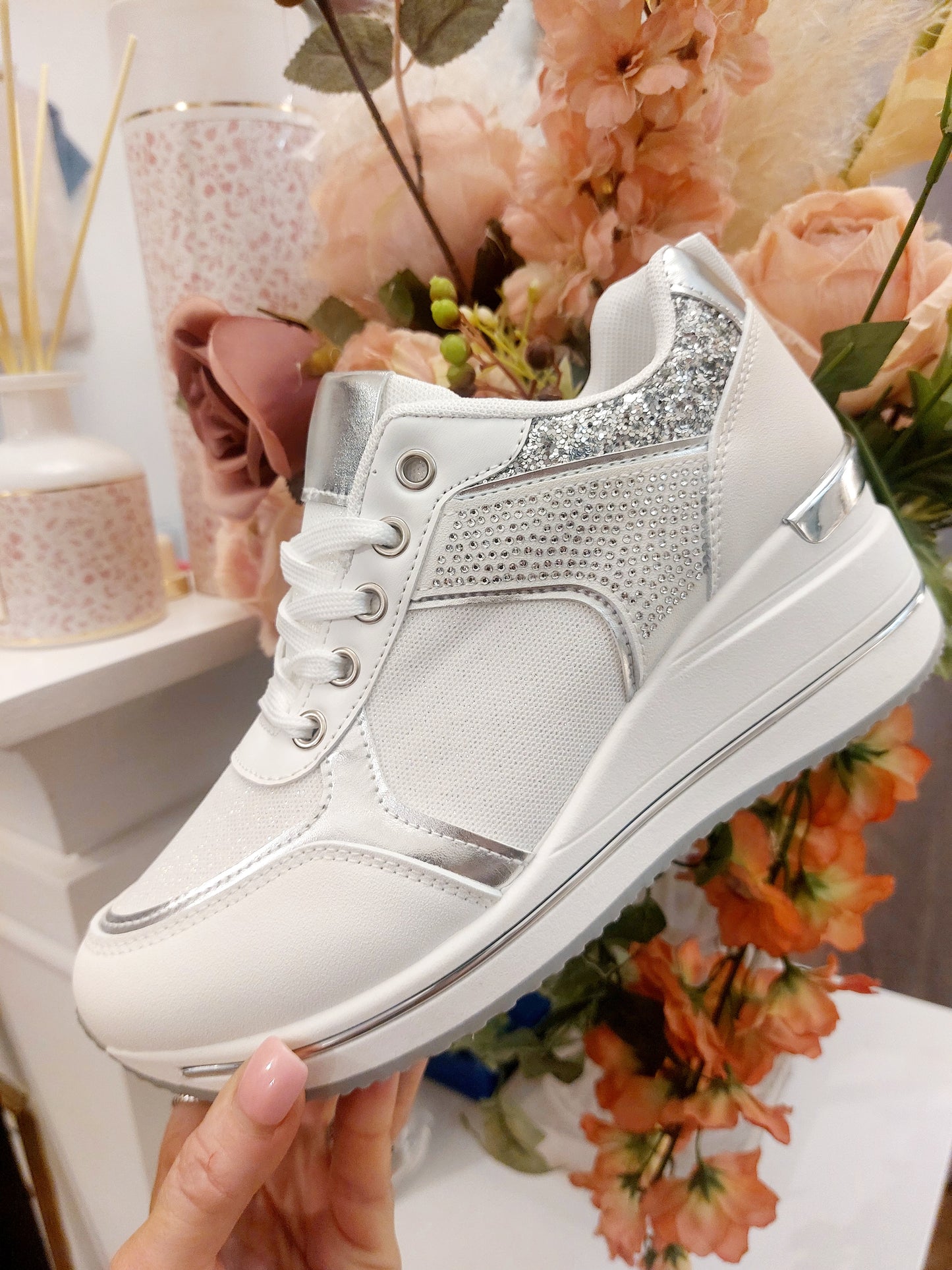 The Cinderella Wedge Trainer- Silver Rhinestones-Regular to Wide Fit