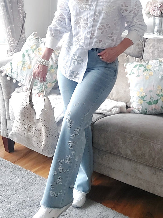 Blue Lazer Cut Daisy Embroidered Stretch Jeans