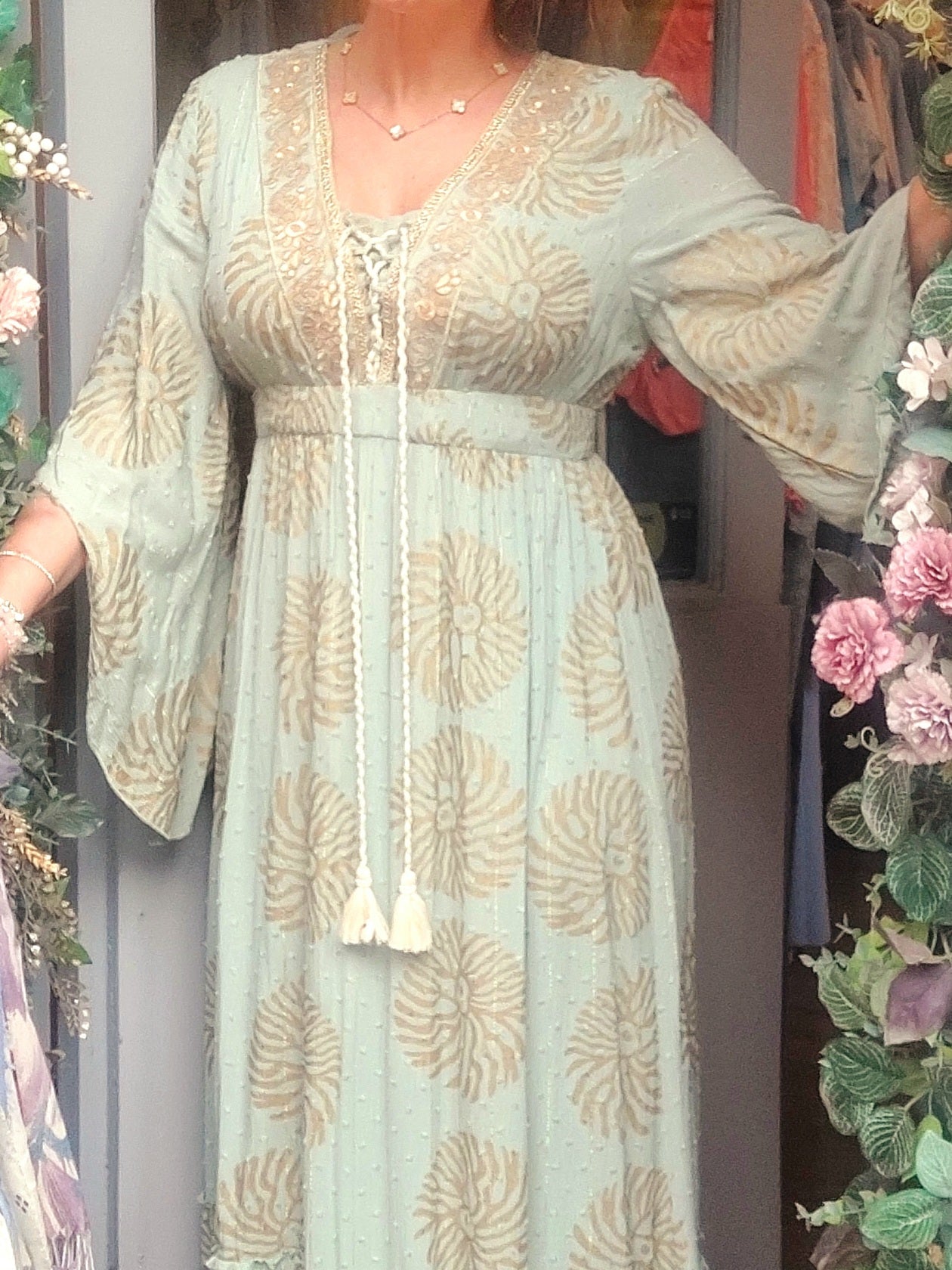 Boho Sage Green Gold Embellished Maxi Dress