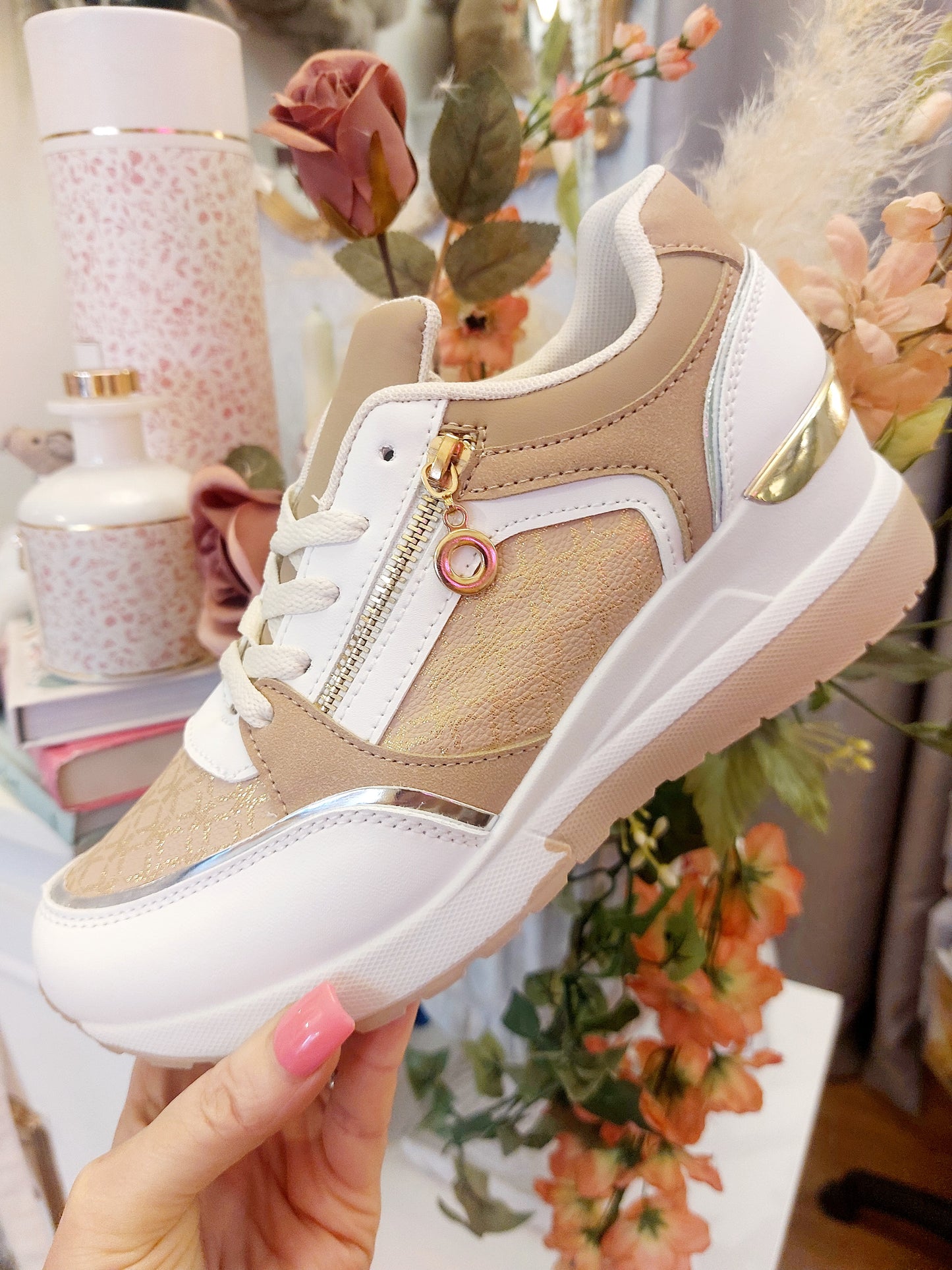 Beige Wedge Zip Trainers-Slim to Regular Fit