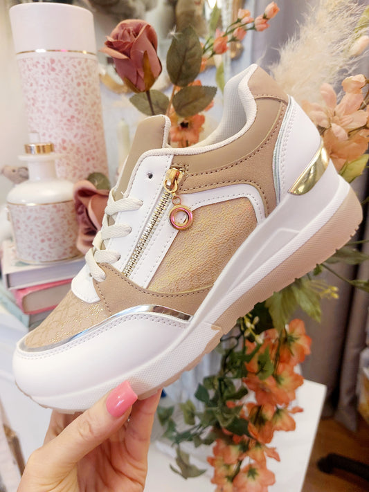 Beige Wedge Zip Trainers-Slim to Regular Fit