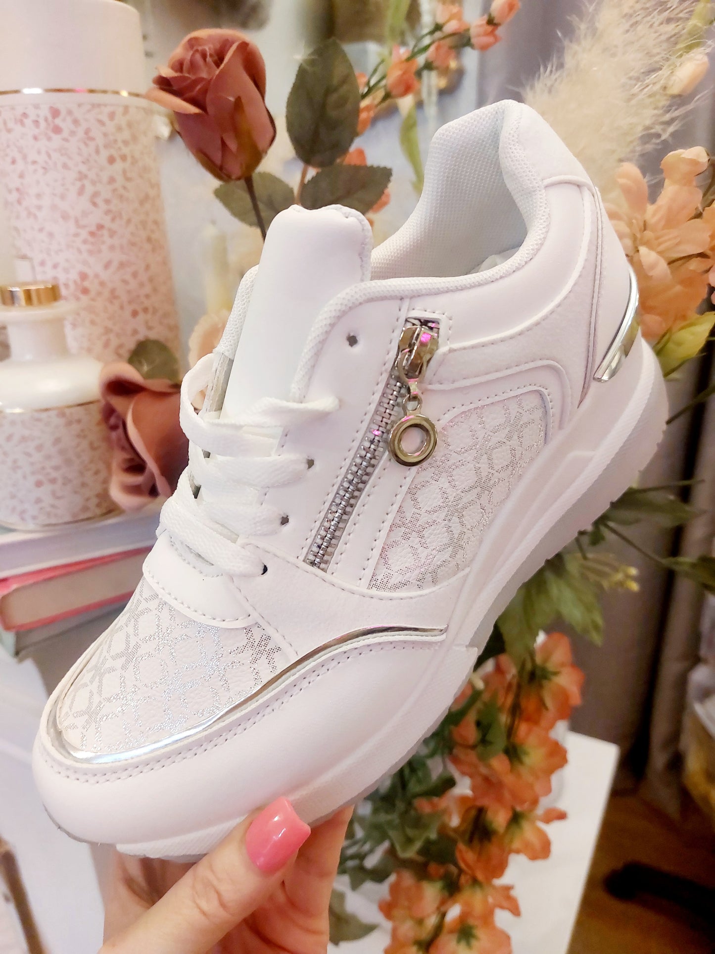 White Silver Wedge Trainers-Slim to Regular Fit