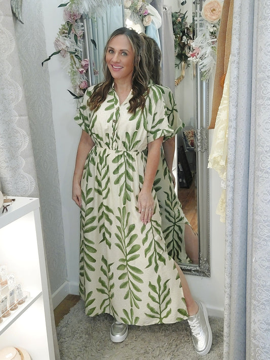 Rhinestone Embellished Green Leaf Shirt Dress-Various Sizes
