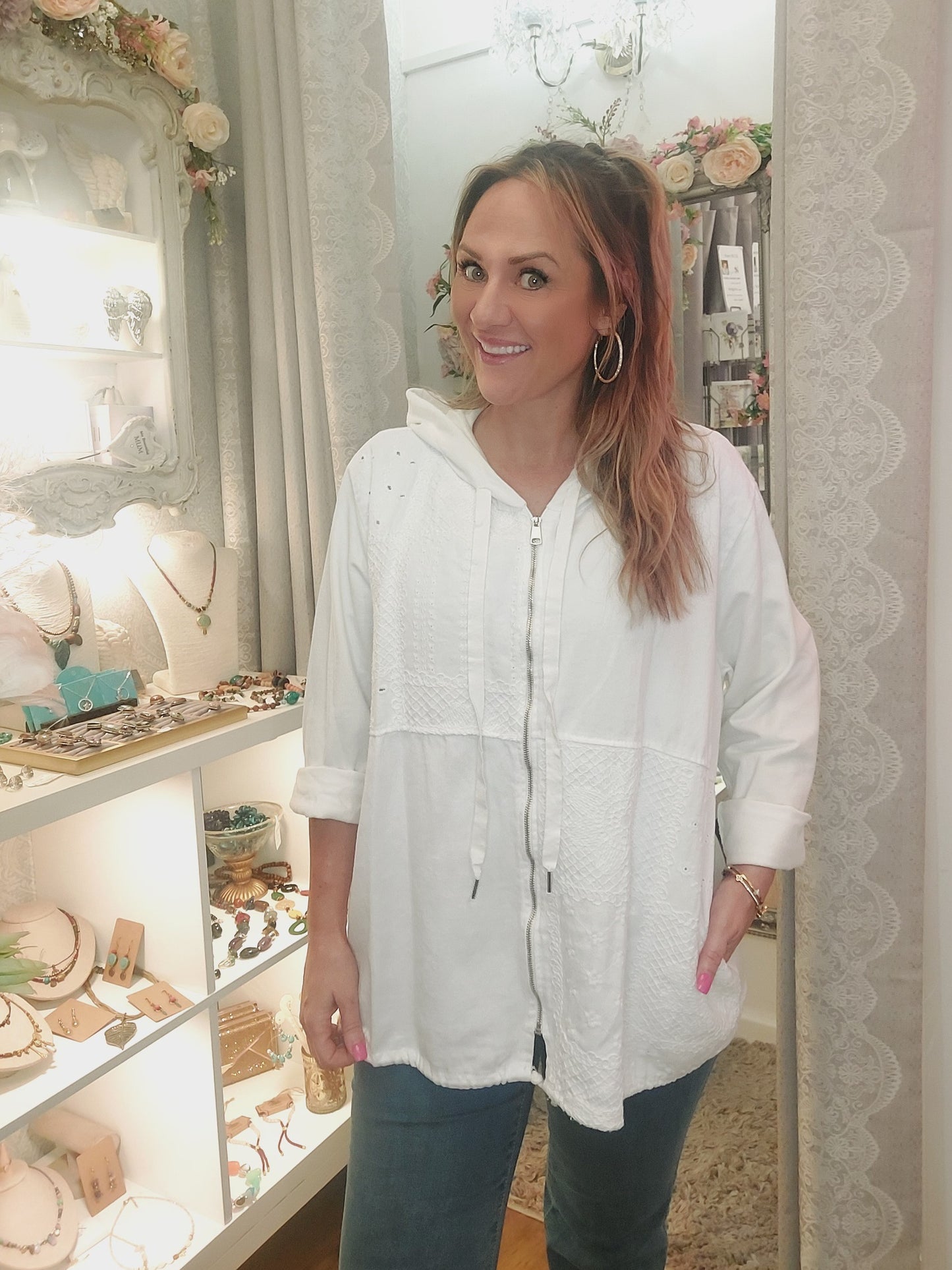 White Embroidered Hoodie Jacket 10-18