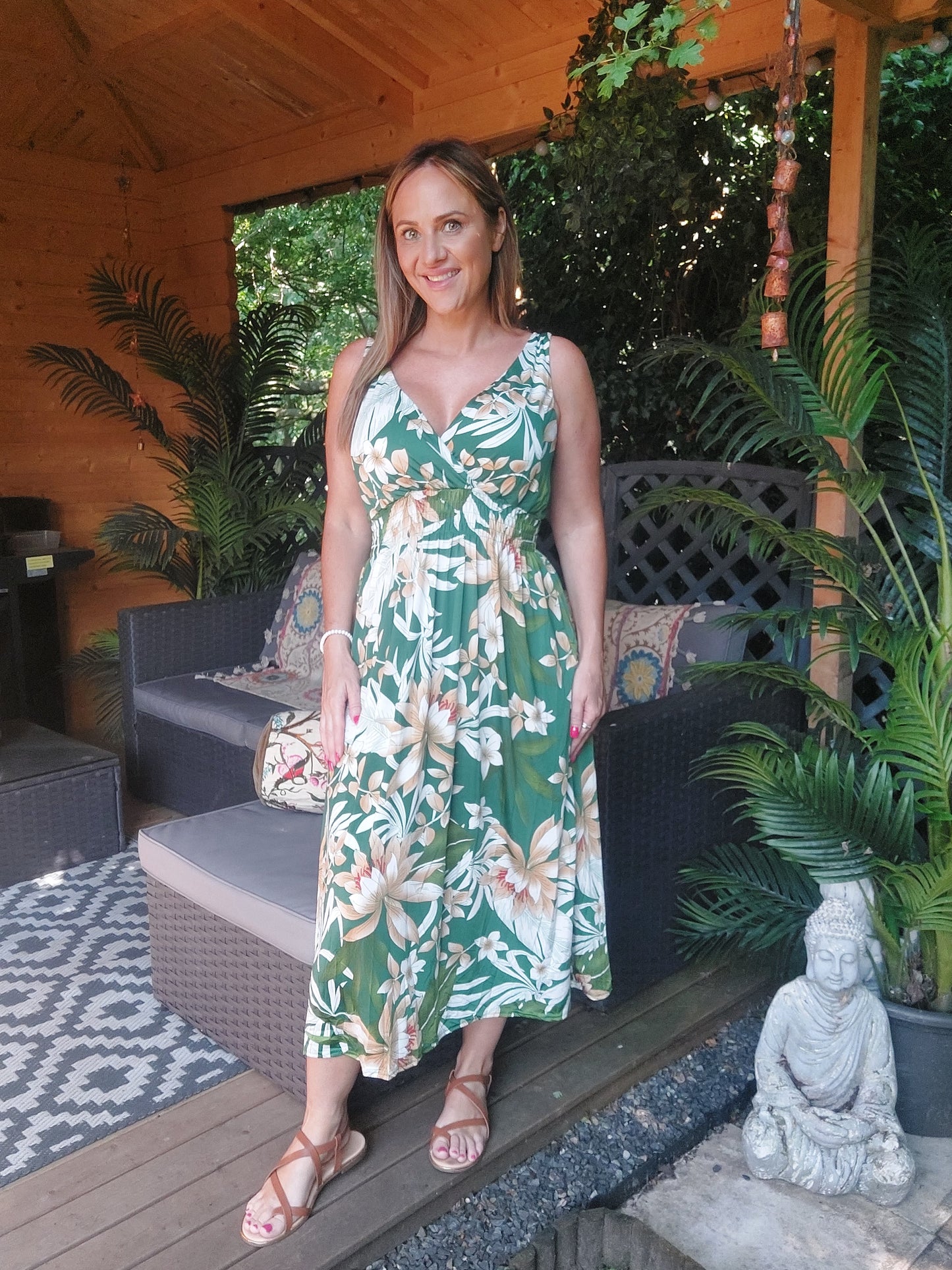 BACK SOON!  Green Built in Padded Cups Summer Midi Dress 8-18