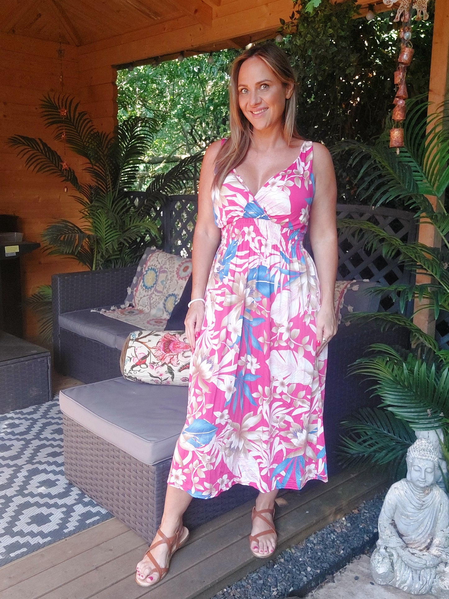 BACK SOON! Pink Built in Padded Cups Strappy Slinky Midi Summer Dress 8-18