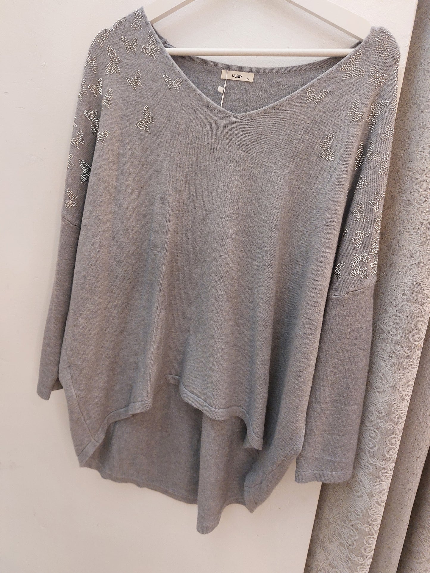 Grey - Rhinestone Embellished Dipped Back Jumper 12-18