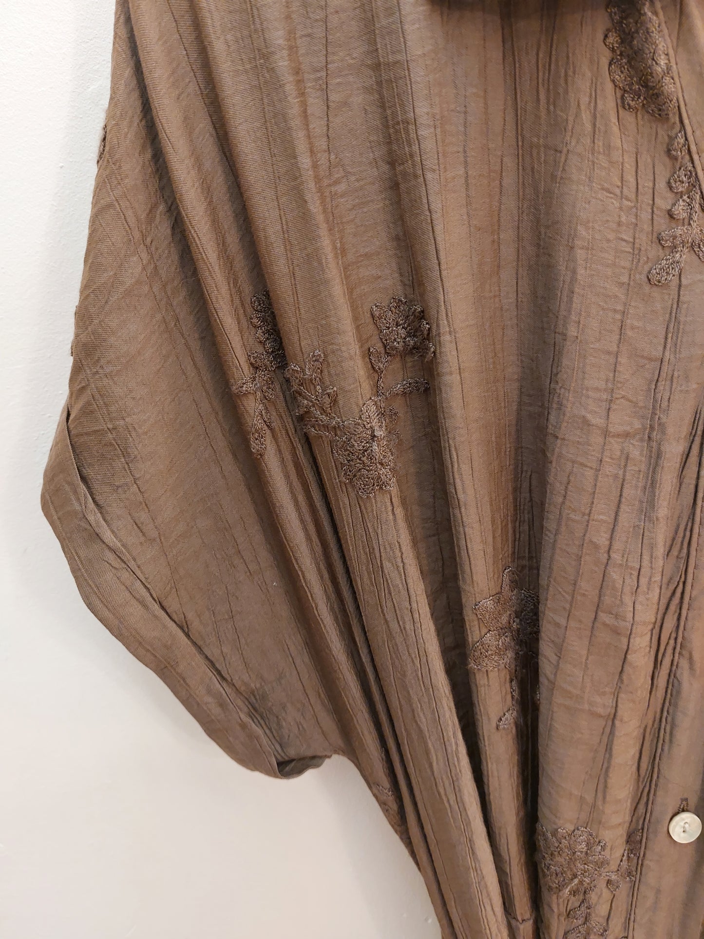 Brown- Embroidered Shirt Belt Midi Dress-Pockets 8-16