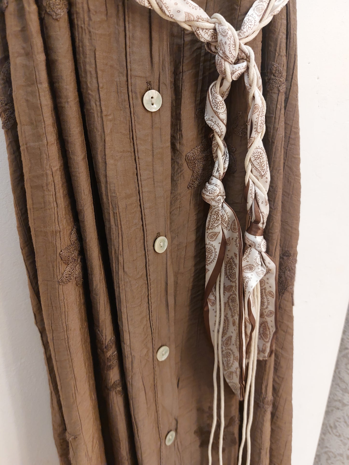 Brown- Embroidered Shirt Belt Midi Dress-Pockets 8-16