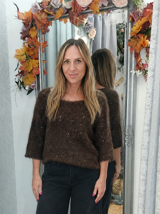 Chocolate - Sequin Speckled Fluffy 3/4 Jumper 8-16