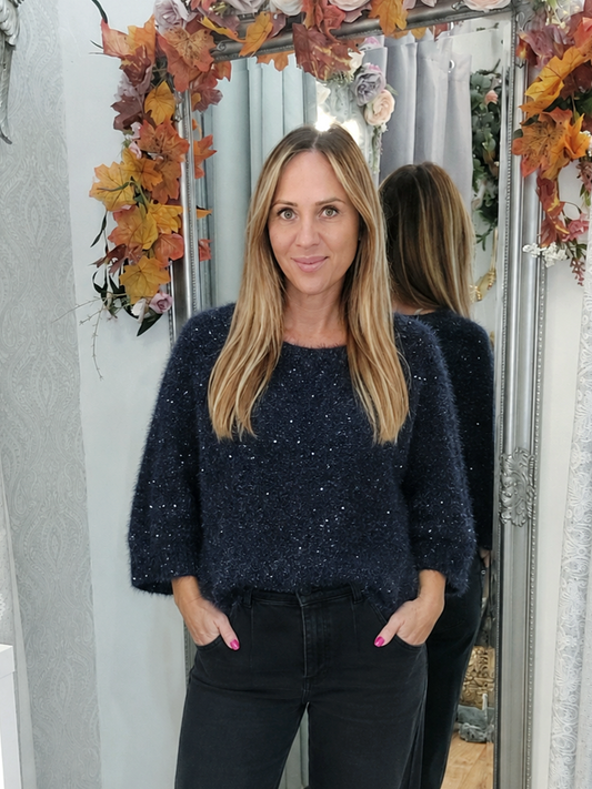 Navy- Sequin Speckled Fluffy 3/4 Jumper 8-16