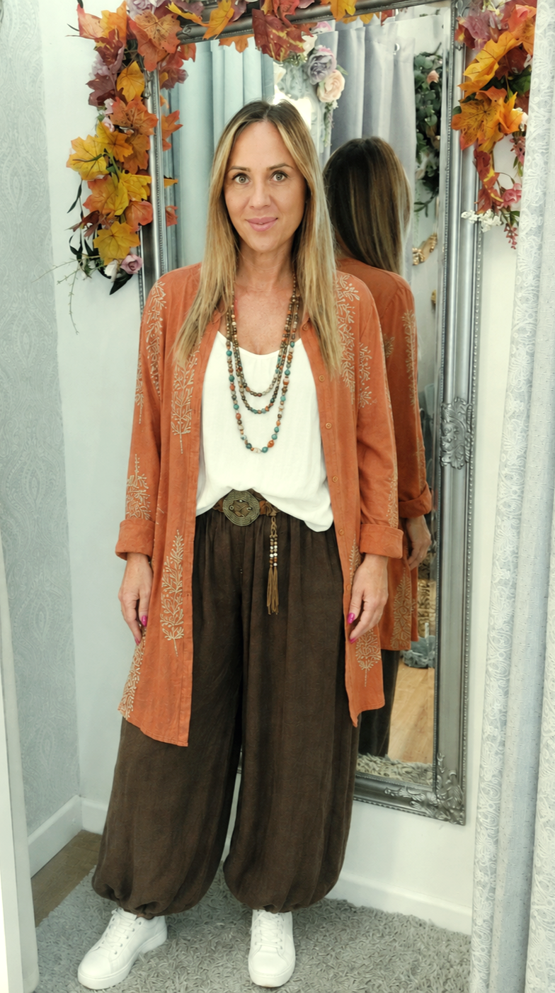 Terracotta Boho Gold Embroidered Longline Shirt M-L / 12-16