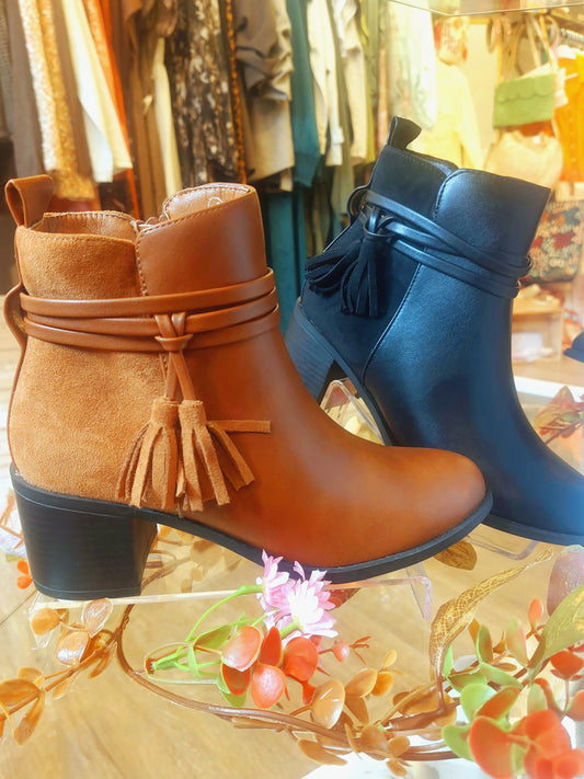 Camel Tassle Block Heel Ankle Boots