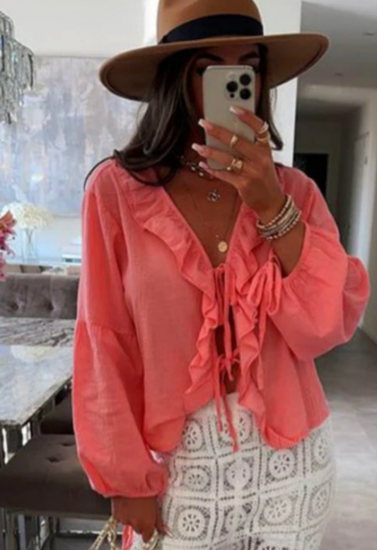 **SALE **   Coral Tie Up Frill Blouse