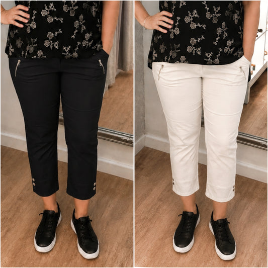 WHITE                                   3/4 Cropped Magic Button Super Stretchy Trousers- Various Sizes