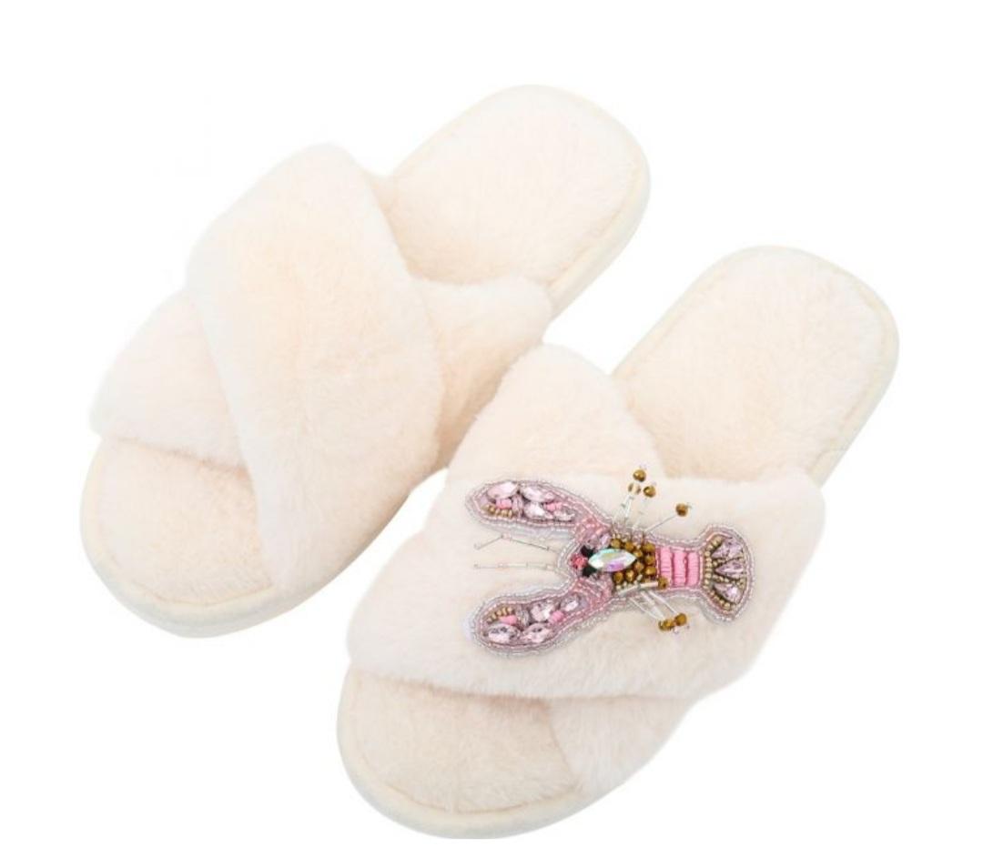 Embellished Lobster Cream Slippers
