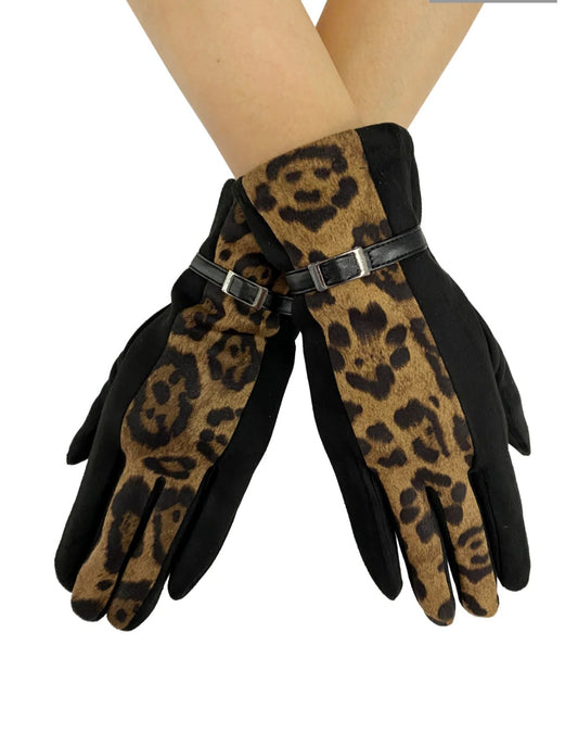 Black & Camel Leopard Print Buckle Glove