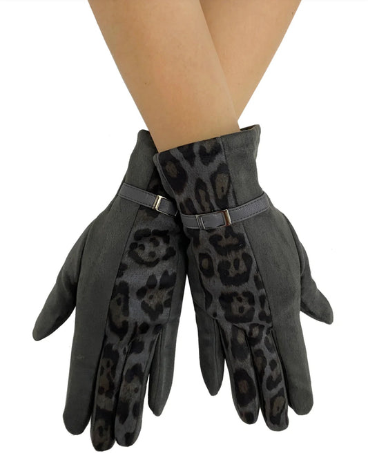 Grey & Camel Leopard Print Buckle Glove