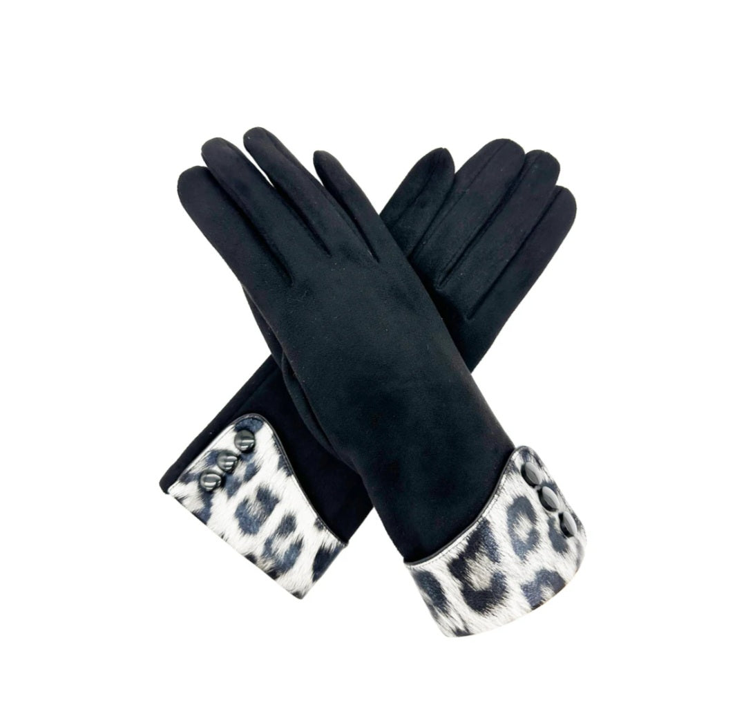 Black with Grey Leopard Print Cuff Glove-Thermal