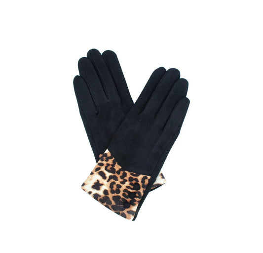 Black with Camel leopard print cuff glove-Thermal