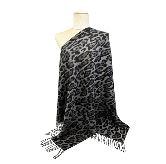 Leopard Print Glitter Fine Winter Shawl-Grey