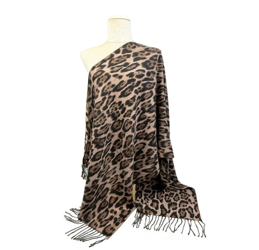 Leopard Print Glitter Fine Winter Shawl-Camel