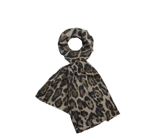 Leopard Print Wool Blend Scarf- Beige