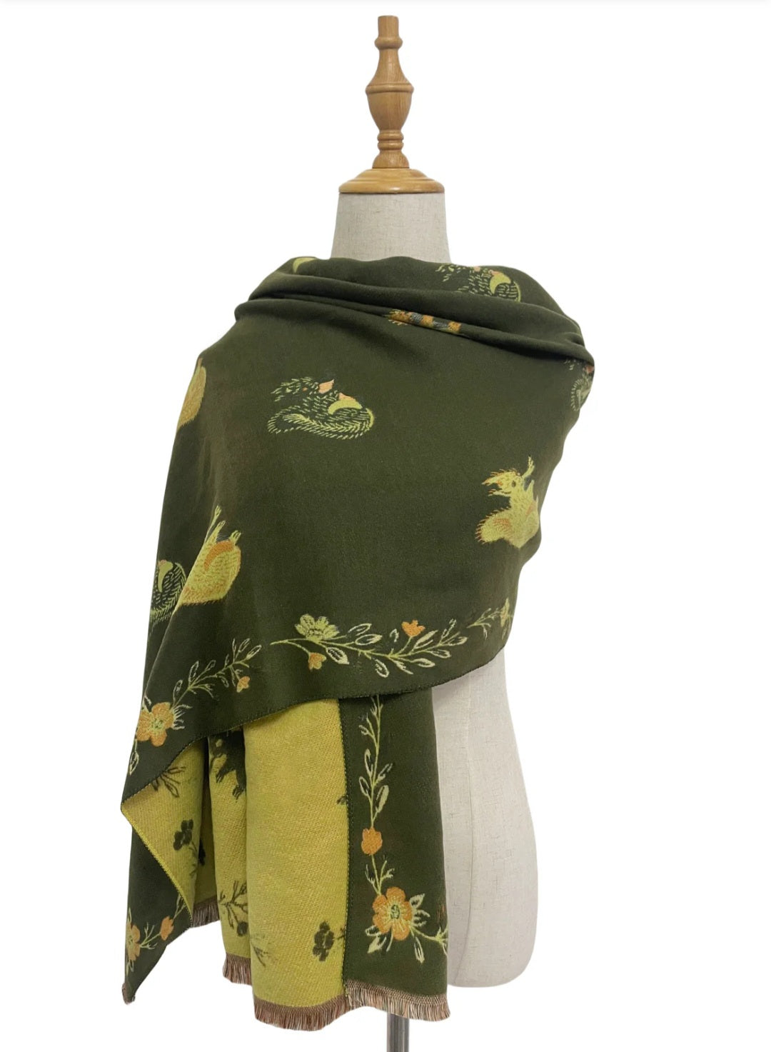 Reversible Squirrel Shawl Scarf-Olive & Mustard