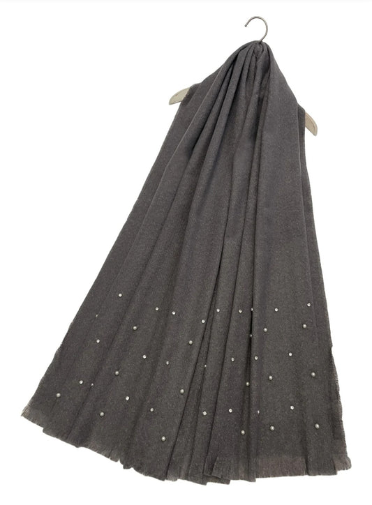 Pearl & Diamante Shawl Scarf-Grey