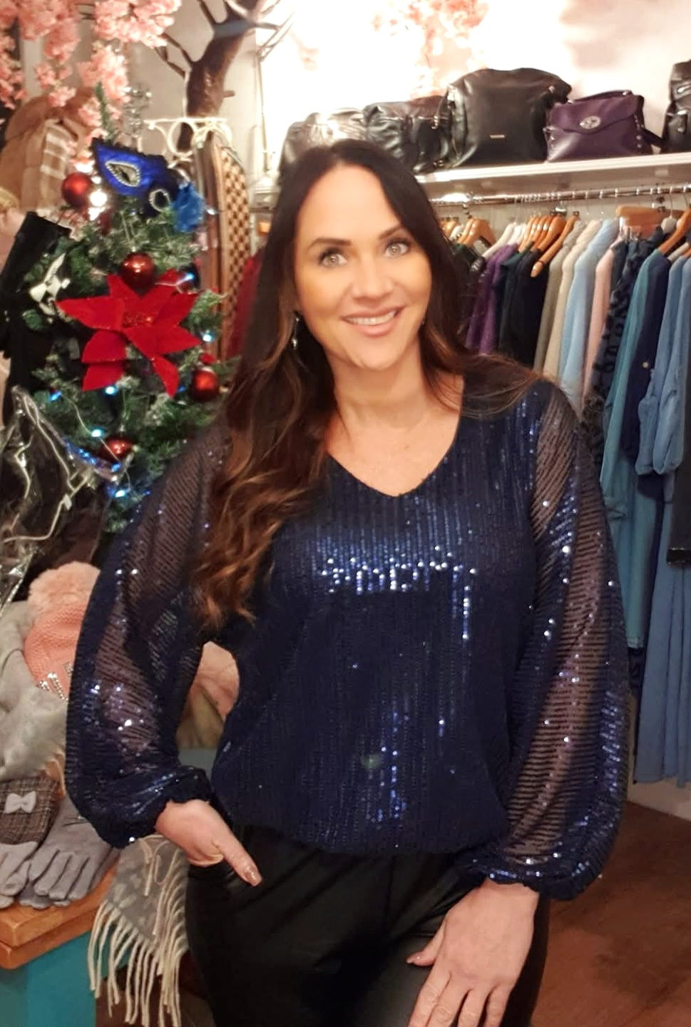 Black Sequin Sheer Sleeve Top-Various Sizes