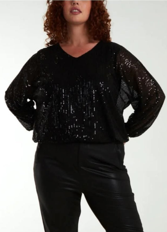 Black Sequin Sheer Sleeve Top-Various Sizes