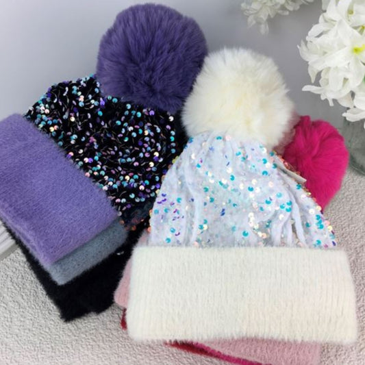Thermal Sequin Pom Hat-Various Colours