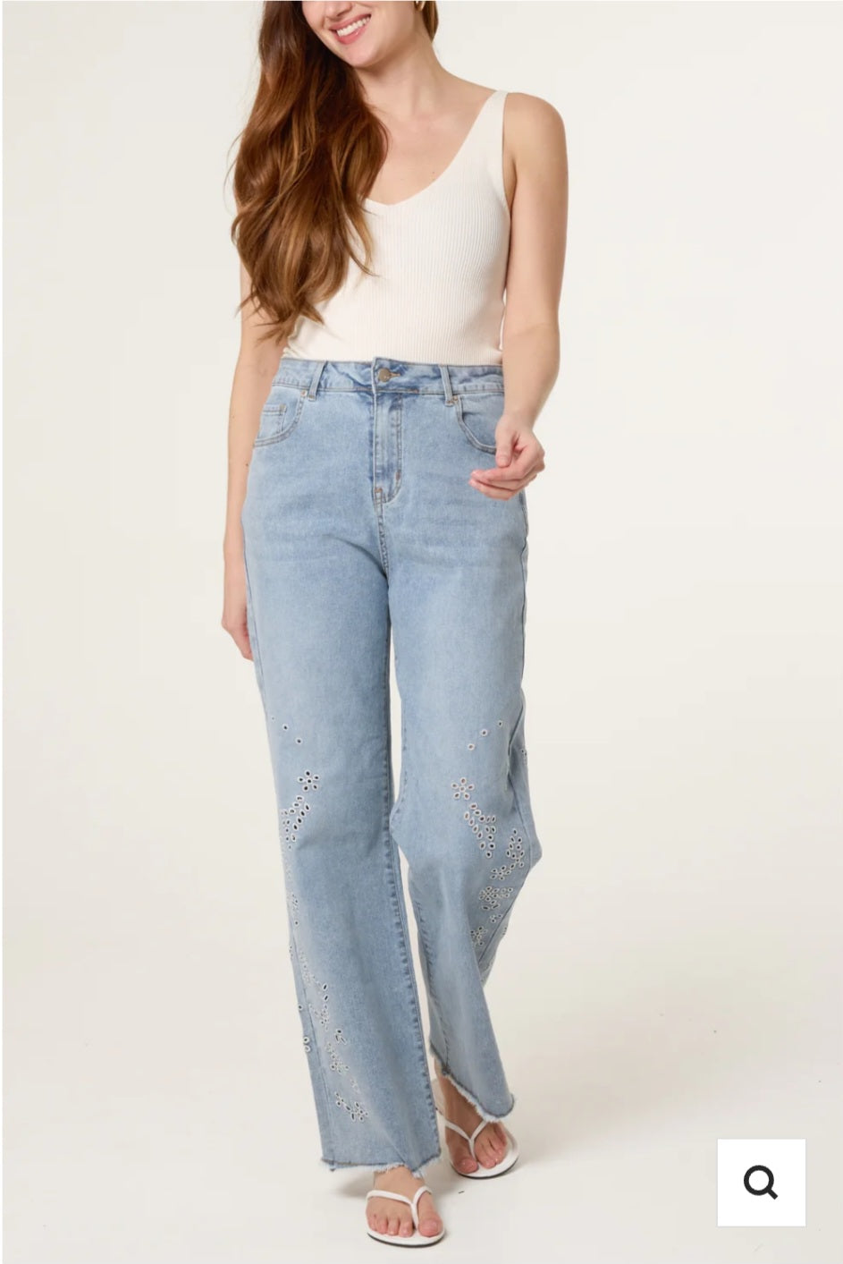 Blue Lazer Cut Daisy Embroidered Stretch Jeans