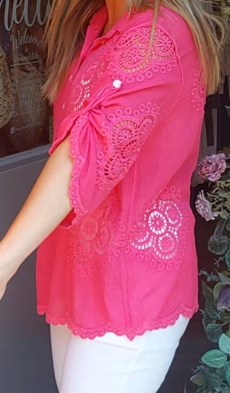 Pink Crochet 3/4 Sleeve Shirt 10-16/18