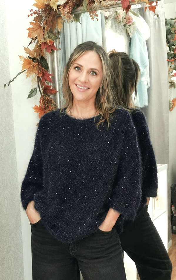 Navy- Sequin Speckled Fluffy 3/4 Jumper 8-16