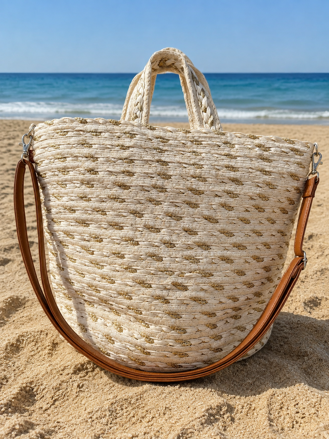 Weaved Gold & Cream Straw Grab Bag 30x35cm
