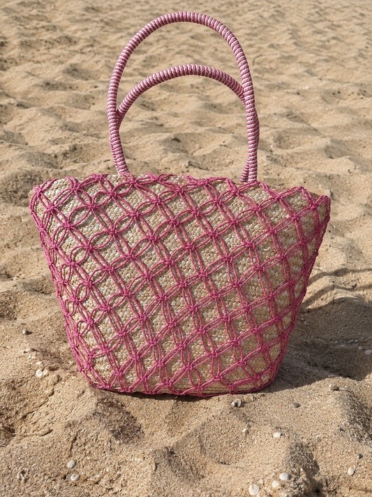 Pink weaved beach basket 32x45