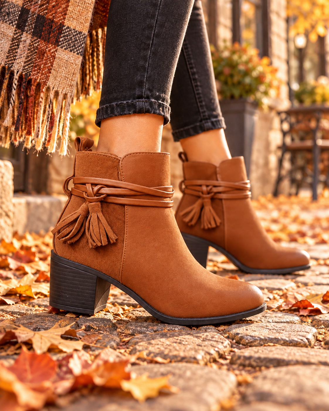 Camel Tassle Block Heel Ankle Boots